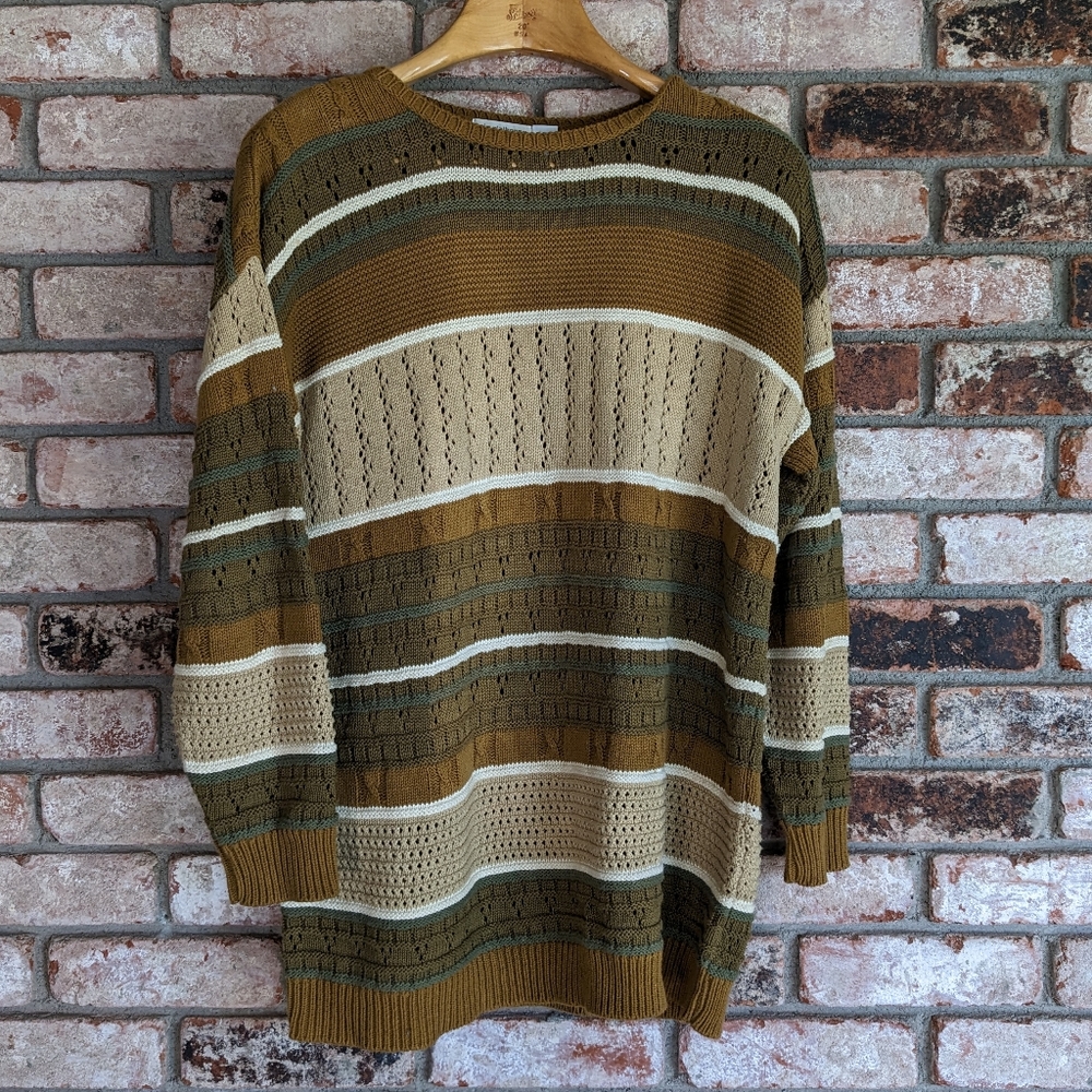 🤎 Liz Claiborne 100% Cotton 70s Knit Striped Long Sweater Brown Olive Tan Large